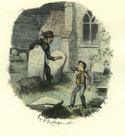 Pip y el convicto, Grandes Esperanzas, c.1885 (aguafuerte coloreado a mano) de Frederick W. Pailthorpe